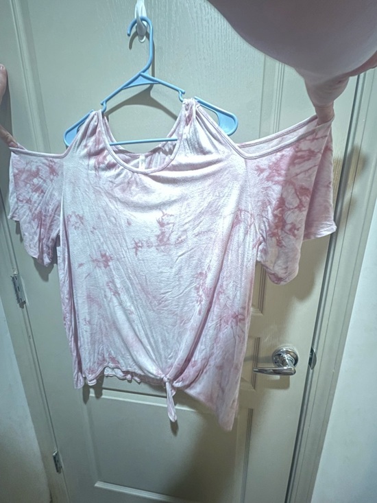 New N Forever Tops - Women's Pink Tie-Dye Cold-Shoulder Crop Top with Front Knot size 4x